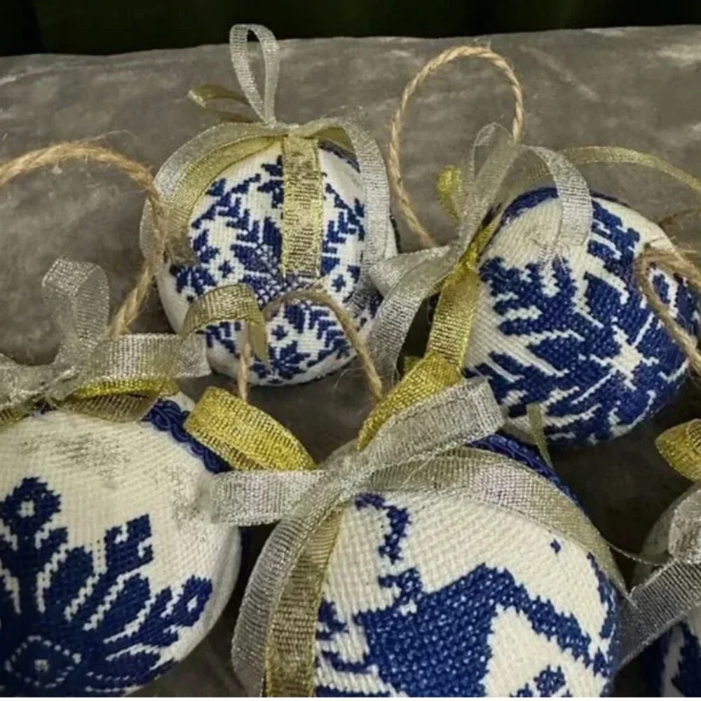 Set of 6 Handcrafted Embroidered Christmas Ornaments–Blue and White Nordic Style - Picture 8 of 13